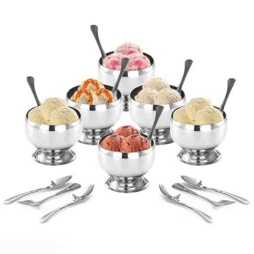 Stainless Steel Ice Cream Bowl Set Of 6 Cups & 6 Spoon (150ML) Each - Image 2