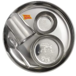 Premium Stainless Steel Kids Dinner Thali Set with Chhota Bheem Cartoon Engraved | 5-Piece Meal Set for Children – Plate, Bowl, Katori, Glass & Spoon